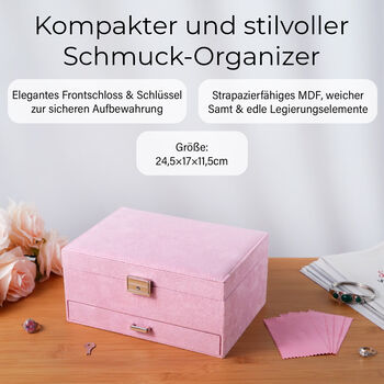 3-schichtige Schmuckbox aus Samt mit 5 Silberputzt&uuml;chern in Rosa, 24,5x17x11,5cm