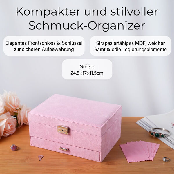3-schichtige Schmuckbox aus Samt mit 5 Silberputzt&uuml;chern in Rosa, 24,5x17x11,5cm image number 2