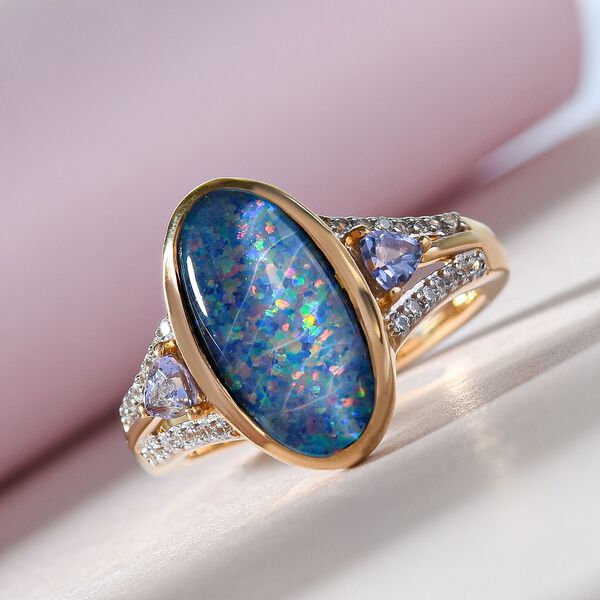 Boulder Opal Triplett und Tansanit Ring 925 Silber Gelbgold Vermeil  ca. 2,47 ct image number 2