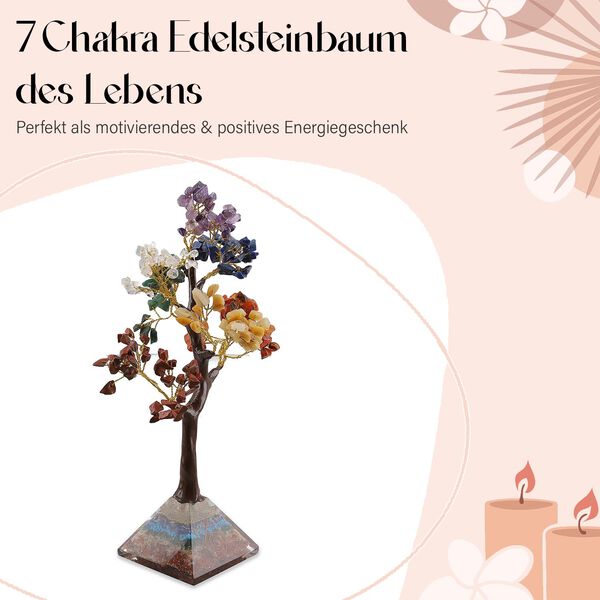 LIVMORE Edelsteinbaum mit Orgonit Basis, Sieben Chakren, 23 cm, 230 Perlen, Mehrfarbig image number 4