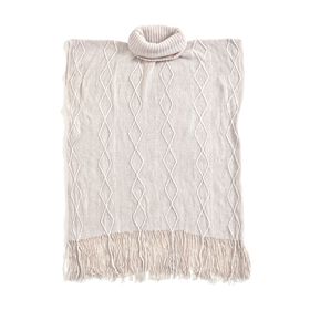 LA MAREY - gestrickter Halskragen Poncho mit Fransen, One Size, Elfenbein