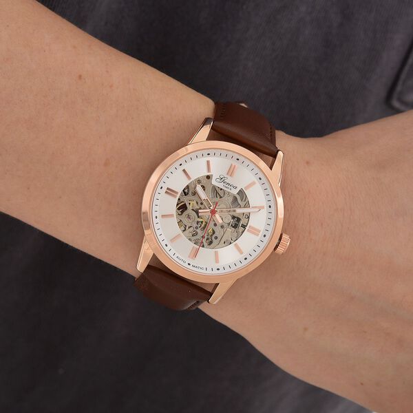 GENOA TIME V2 Automatikuhr mit mechanischem Automatikwerk, Zifferblatt weiß mit Sonnenschliff und offenem Design, Lederarmband Braun, 3 ATM wasserdicht image number 2