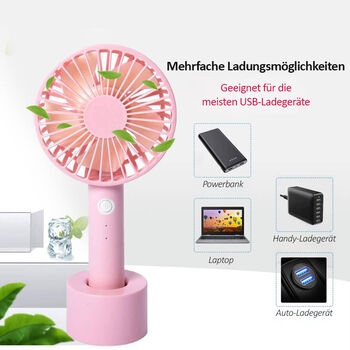 Tragbarer Mini-Ventilator mit 3 Geschwindigkeitsstufen, inklusive Batterie, Rosa