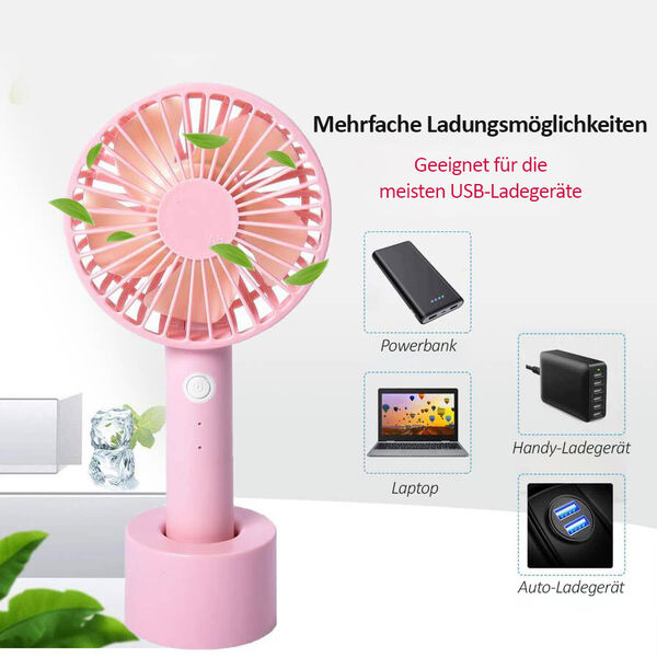 Tragbarer Mini-Ventilator mit 3 Geschwindigkeitsstufen, inklusive Batterie, Rosa image number 1