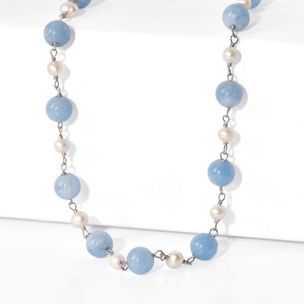 EVER TRUE Milchiger Aquamarin, S&uuml;&szlig;wasser Perle Halskette ca. 50 cm Nickelfreies Messing Platiniert