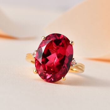 Lab Created Padparadscha-Saphir, Wei&szlig;er Zirkon Ring, 925 Silber Gelbgold Vermeil, (Gr&ouml;&szlig;e 18.00), ca. 13.23 ct
