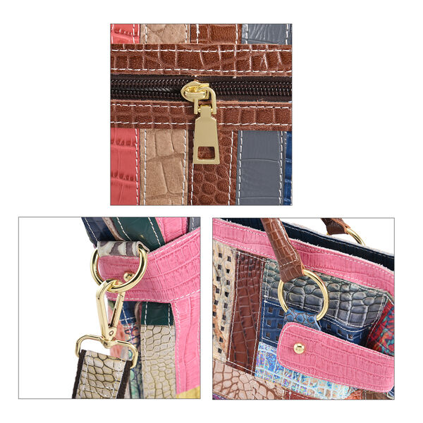 Chaos by Elsie: Patchwork Schultertasche aus 100% echtem Leder mit RFID Schutz, Gr&ouml;&szlig;e 43x15x32 cm, Rosa image number 5