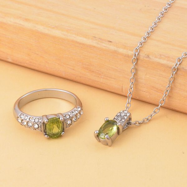 3er Set - Nat&uuml;rlicher Peridot-Anh&auml;nger mit Kette und Ring, 316L Edelstahl , ca. 0.60 ct image number 1