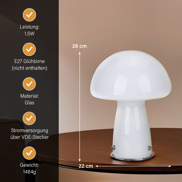 Minimalistische Glas-Pilzlampen mit Touch-Steuerung, Größe 22x28cm, Weiß image number 3