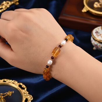 Wei&szlig;e S&uuml;&szlig;wasser Perle (6-8 mm), Mehrfarbiger Bernstein Armband, Flexibles ca. 18 cm - 19 cm