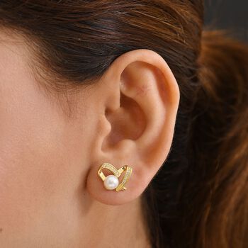 S&uuml;&szlig;wasser Perle (6-6.5 mm), Wei&szlig;e Zirkon Ohrringe, Messing