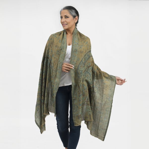 Premium Kollektion - gewebter Schulterschal, Natur Seide und Wolle, Jamawar Design, 70x200 cm, Olivgr&uuml;n image number 2