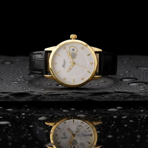 GENOA - Moissanit, Automatik-Armbanduhr mit Herz-Design und Datumsanzeige, Dandong-Uhrwerk, Wei&szlig;es Zifferblatt, Goldfarben, Schwarz Lederarmband, 36 mm image number 2