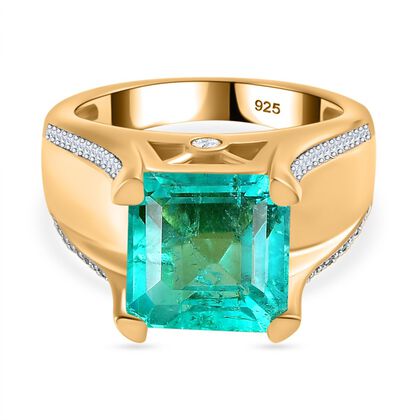 Smaragd-Quarz Triplette, Wei&szlig;er Zirkon Ring 925 Silber 750 Gelbgold Vermeil (Gr&ouml;&szlig;e 20.00) ca. 6,04 ct