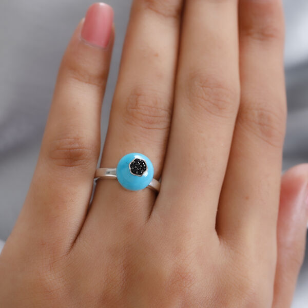 Nat&uuml;rlicher Sleeping Beauty T&uuml;rkis und Schwarzer Spinell Ring 925 Silber Platin-&Uuml;berzug image number 3