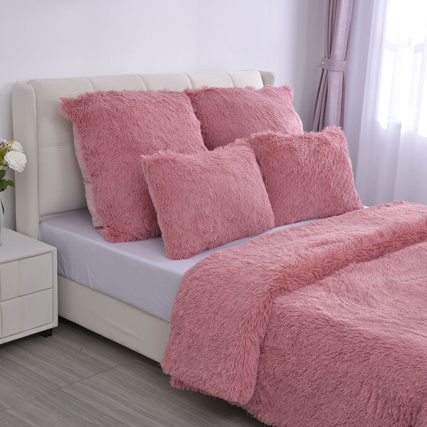 SERENITY NIGHT: 3er-Set - Überwurf und 2 Kissenbezüge aus Kunstfell, Rosa image number 3