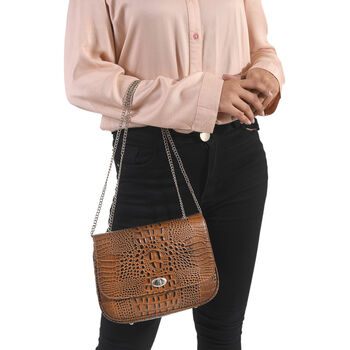 Umh&auml;ngetasche aus echtem Leder mit Kroko-Pr&auml;gung und Kettenriemen, Braun