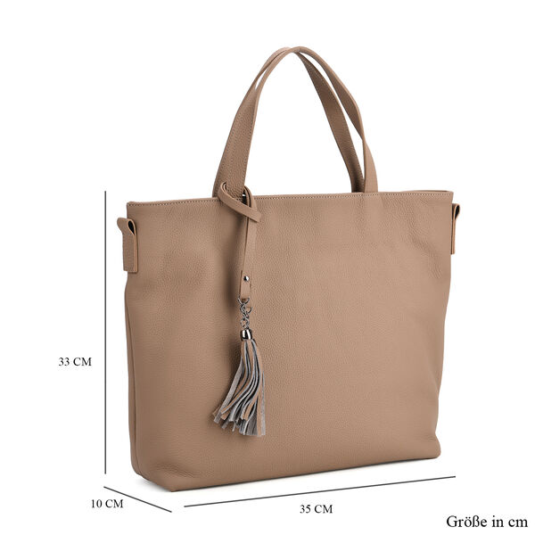 Echtleder-Tote-Bag mit Rei&szlig;verschlussfach hinten, Doppeltragegriff und Schulterriemen, 35x10x33 cm, Khaki image number 6