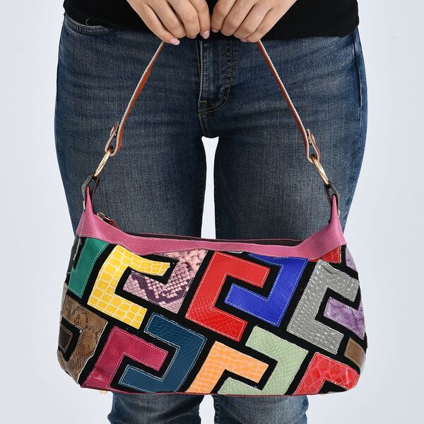 "Chaos by Elsie Genuine Leather Crossbody Bag with RFID Color:multicolor Embossed crocdile shining rhomboid pattern Size::32*12.5*22cm           Wall: Genuine Leather Lining: Polyester                Exterior:zipped-2, Interior:zipped-1 , slip-2  with 1 L image number 3