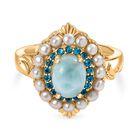 D'Joy Larimar, Süßwasser Perle Ring 925 Silber 750 Gelbgold Vermeil (Größe 18.00)