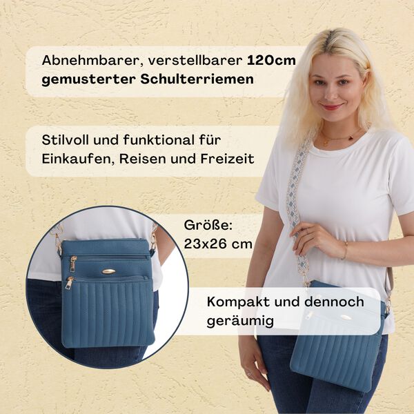 Crossbody-Tasche mit gemustertem Schulterriemen und vielen Fächern, 23×26 cm, Blau image number 2