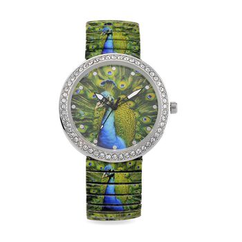 STRADA - Armbanduhr mit Pfaumotiv, Kristall-L&uuml;nette, Japanisches Uhrwerk, Edelstahlzugband, Reiner Edelstahl