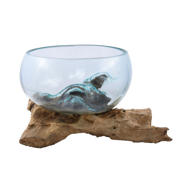 Jardin de Bali Kollektion: mundgeblasene Glasschale auf Naturholz