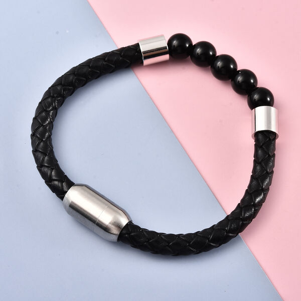 Schwarzes Achatperlen-, Leder Herren-Armband, 20 cm lang, Edelstahl ca. 25,00 ct image number 1