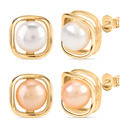 2er Set - Rosa S&uuml;&szlig;wasser Perle, Wei&szlig;e S&uuml;&szlig;wasser Perle Ohrringe, Nickelfreies Messing, Goldfarben