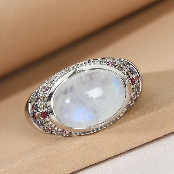 Regenbogen Mondstein und mehrfarbiger Saphir-Ring, 925 Silber  ca. 9,06 ct image number 2