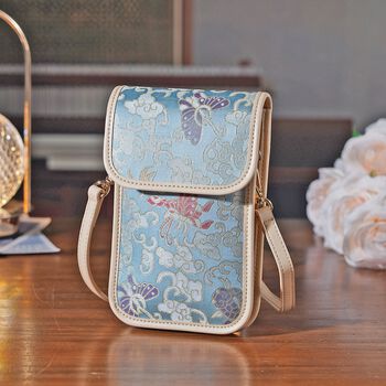 LA MAREY Brokat Handy Umh&auml;ngetasche aus Seide und Echtleder, 12x19x3cm, Hellblau