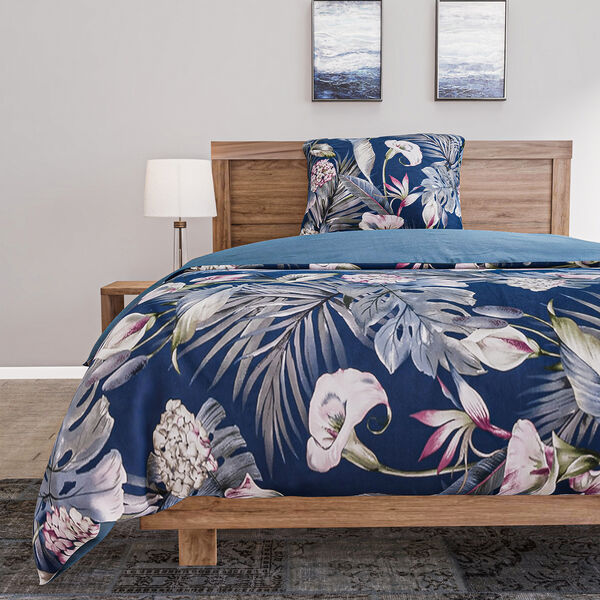 2er-Set Bett- und Kissenbezug, Gr&ouml;&szlig;e 135x200 cm und 80x80 cm, Blatt- und Blumenmuster, Blau image number 3