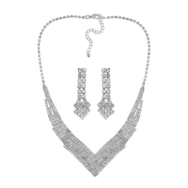 2er Set - Wei&szlig;er Kristall Halskette und Ohrringe, Messing