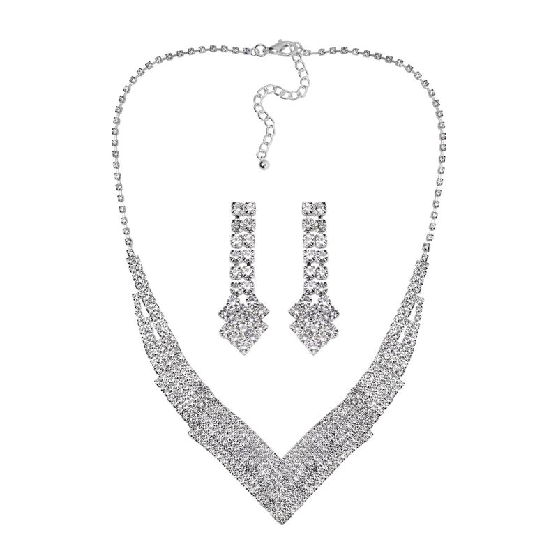 2er Set - Weißer Kristall Halskette und Ohrringe, Messing image number 0