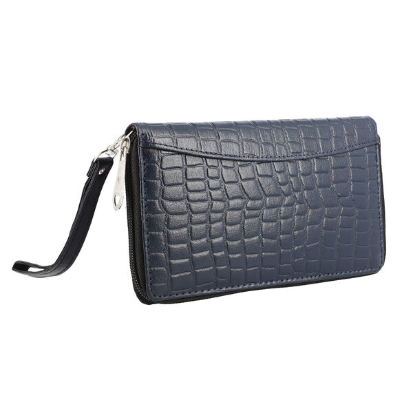 Brieftasche aus 100% echtem Leder, RFID Kroko-Pr&auml;gung mit abnehmbarem Riemen, Dunkelblau image number 2