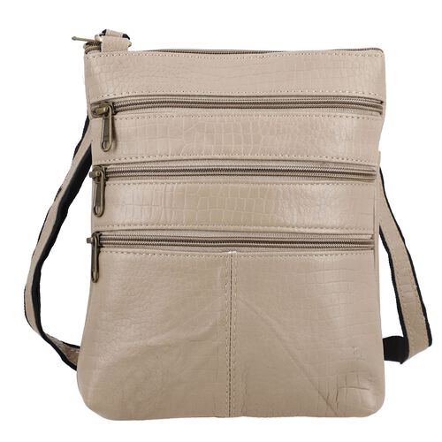 Echtleder Crossbody Tasche mit Kroko-Prägung, Taupe image number 0