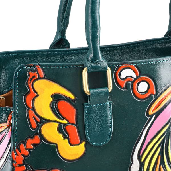 Handbemalte Satchel-Tasche aus 100% Echtleder mit kunstvoller Pr&auml;gung und Blumen-Design, 31x10x23cm, Gr&uuml;n image number 9