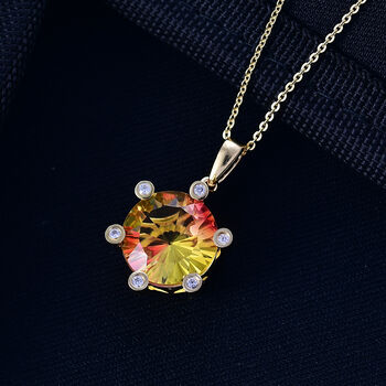 D'Joy - Sonnenfeuer-Design Sphaleros Quarz, Wei&szlig;er Zirkon Anh&auml;nger mit Kette, ca. 50 cm 925 Silber 750 Gelbgold Vermeil ca. 5.48 ct