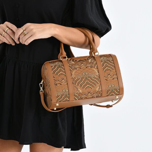 LA MAREY Brokat Crossbody Tasche aus Seide und Echtleder, 30x18x15cm, Braun image number 3