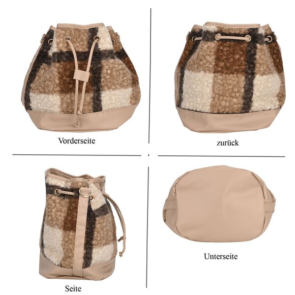 Beuteltasche aus Teddyfell, Karomuster, beige image number 8