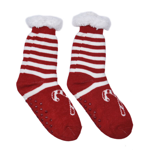 2er-Set - 2 Paar rutschfeste Haus Socken mit warmem Sherpa Futter, Einheitsgr&ouml;&szlig;e , Weihnachtsmotiv, Wei&szlig; und Rot&nbsp; image number 2