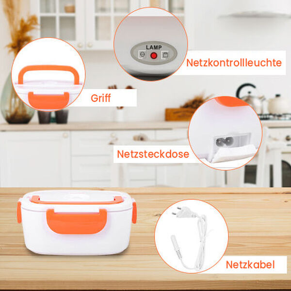Beheizbare Lunchbox, Orange
Material:PP 
Größe:23.5*16.5*10.5cm(1.05L)9.25*6.49*4.13INCH
Color:White+orange
rating:50W
voltage:110V
2 pin UL plug power cable:100cm
 image number 4