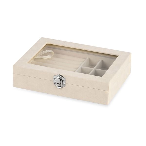 Elegante Schmuckbox aus edlem Samt mit Glasdeckel, 20x15x5 cm, Cremebeige image number 3