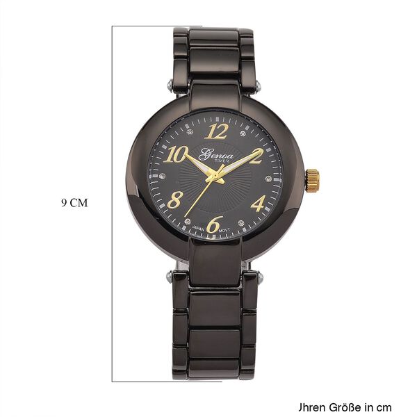 GENOA TIME V2 Uhr mit Japanischem Miyota 2035 Werk, Zifferblatt Schwarz mit Prägemuster und Weißen Kristallen, Edelstahlarmband Schwarz, 3 ATM wasserdicht image number 7