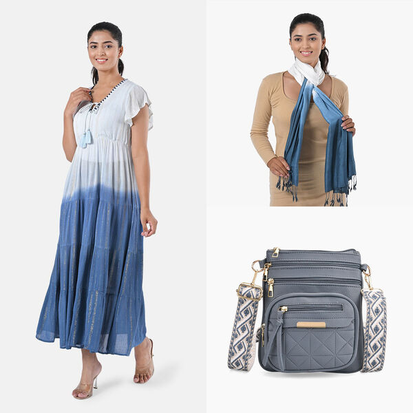 Maxikleid aus Viskose-Crepe mit Lurex Ombre-Schal mit Quasten aus Poly-Seide-Modal und Crossbody Tasche Dunkelblau image number 0