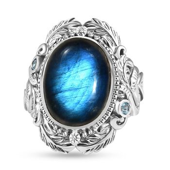 Handwerker Stil AAA Labradorit, Blau Topas Ring, 925 Silber platiniert (Gr&ouml;&szlig;e 16.00) ca. 13.11 ct