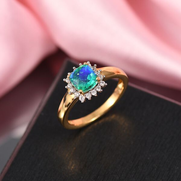 Pfau Quarz Triplette, Wei&szlig;er Zirkon Ring 925 Silber 750 Gelb Vergoldet (Gr&ouml;&szlig;e 16.00) ca. 1,42 ct image number 1