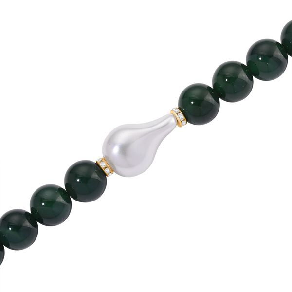 Verde Onyx, Wei&szlig;e Muschelkernperle, Wei&szlig;er Zirkonia Halskette ca. 50 cm Reiner Edelstahl Standard gelb vergoldet image number 5