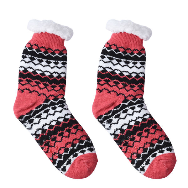 2er-Set - Rutschfeste Haussocken mit Sherpafutter, Wintermuster, Einheitsgröße, Blau und Koralle image number 5