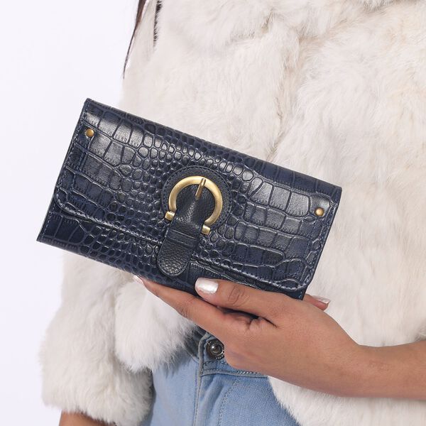 Echtleder Portemonnaie mit Krokoprägung und RFID-Schutz, 19,5x11,45 cm, marine image number 2